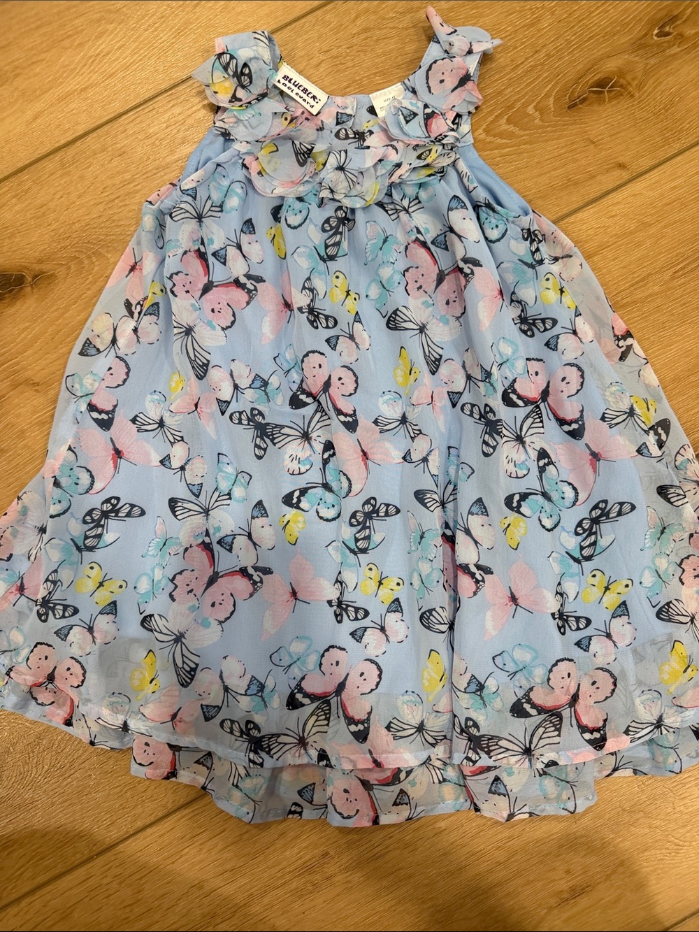 Light Blue Butterfly Chiffon Dress for Girls - Ruffle Neck